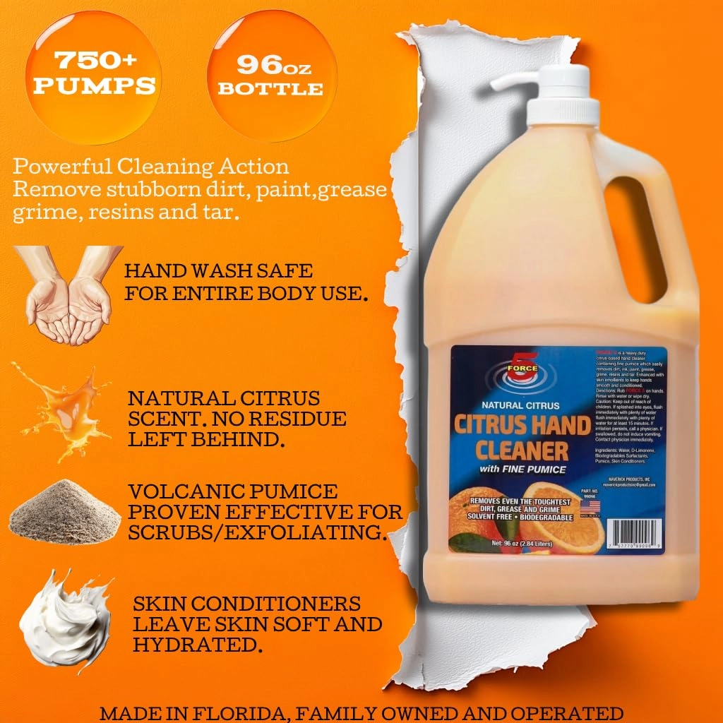 Force 5 - Citrus Hand Cleaner for Mechanics – Heavy-Duty Mechanic Soap with Natural Pumice & Citrus. Quickly Remove Removes Dirt, Grease and Grime – Natural Citrus Scent. (96oz).