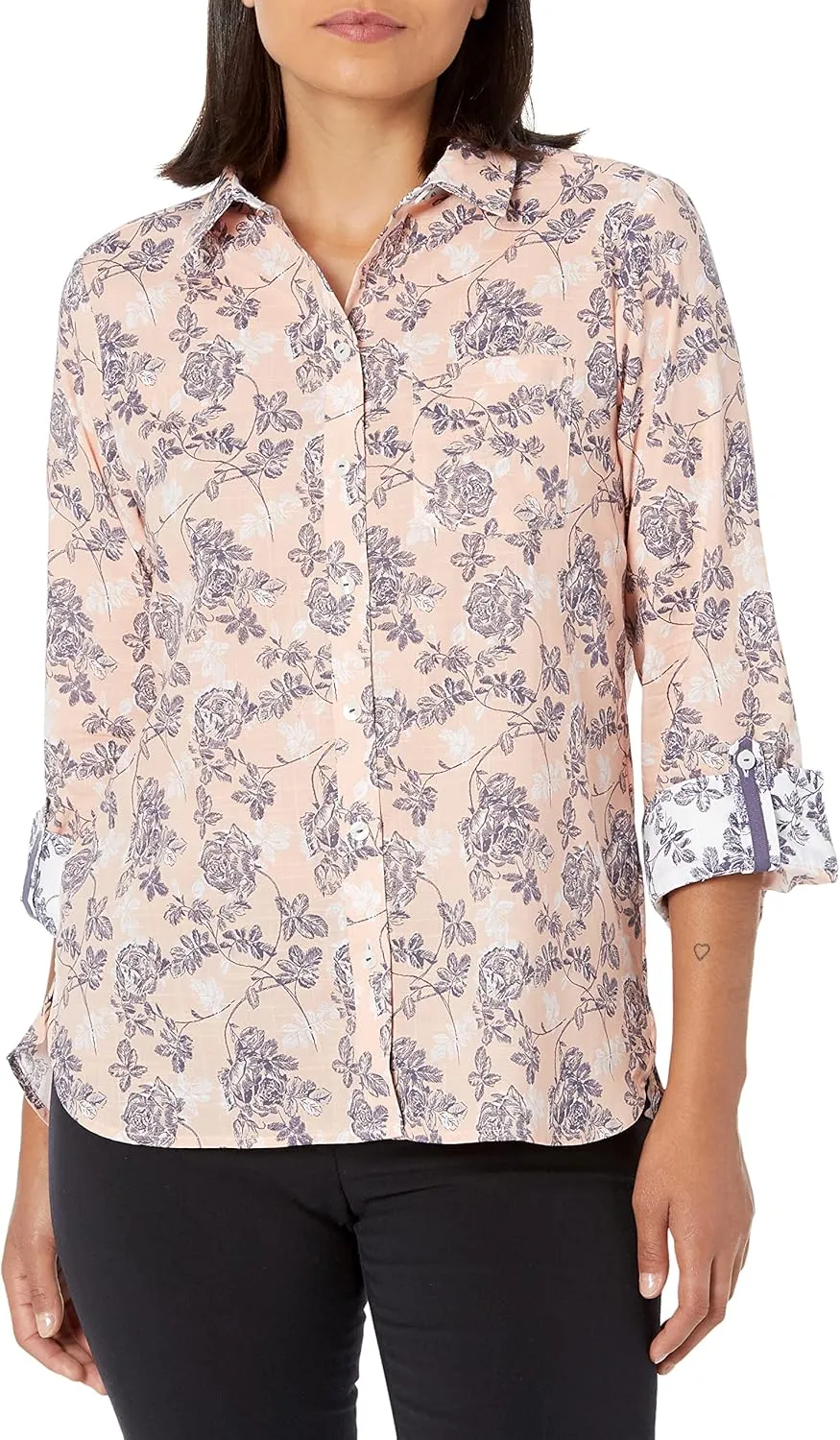 Foxcroft Women's Cole Long Sleeve with Roll Tab Sunset Floral Blouse, Peach Sorbet, 24W
