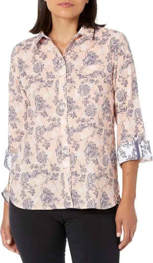 Foxcroft Women's Cole Long Sleeve with Roll Tab Sunset Floral Blouse, Peach Sorbet, 24W