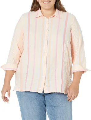 Foxcroft Women's Plus Size Harris Long Sleeve Summer Stripe Blouse, Peach Sorbet, 20W