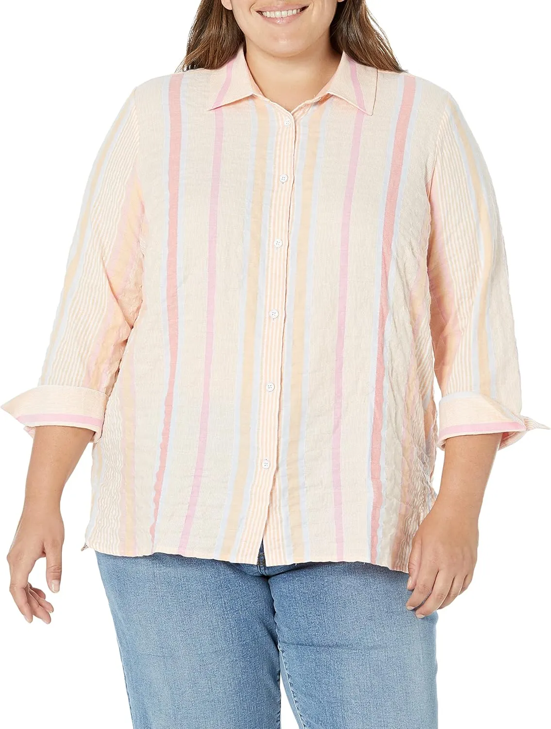 Foxcroft Women's Plus Size Harris Long Sleeve Summer Stripe Blouse, Peach Sorbet, 20W