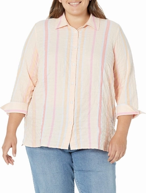 Foxcroft Women's Plus Size Harris Long Sleeve Summer Stripe Blouse, Peach Sorbet, 16W
