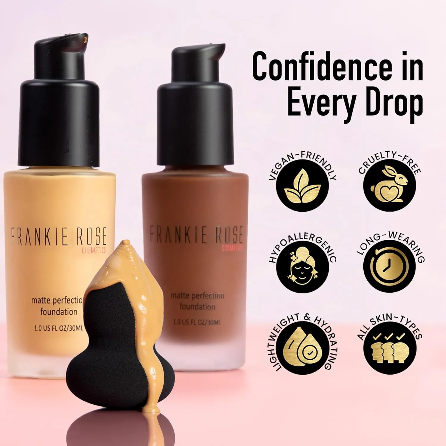 Frankie Rose Cosmetics Matte Perfection Foundation Makeup – Long-Lasting, Hydrating Foundation for Semi-Matte Finish - Foundation Full Coverage for All Skin Types - (Neutral) 1.0 US fl oz / 30 ml
