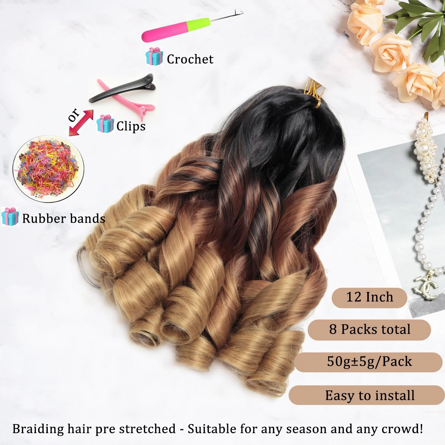 French Curl Braiding Hair 12Inch 8Packs French Curl Crochet Braids Short Curly Crochet Hair Bouncy Synthetic knotless Braiding Extension(1B/30/27, 12inch)