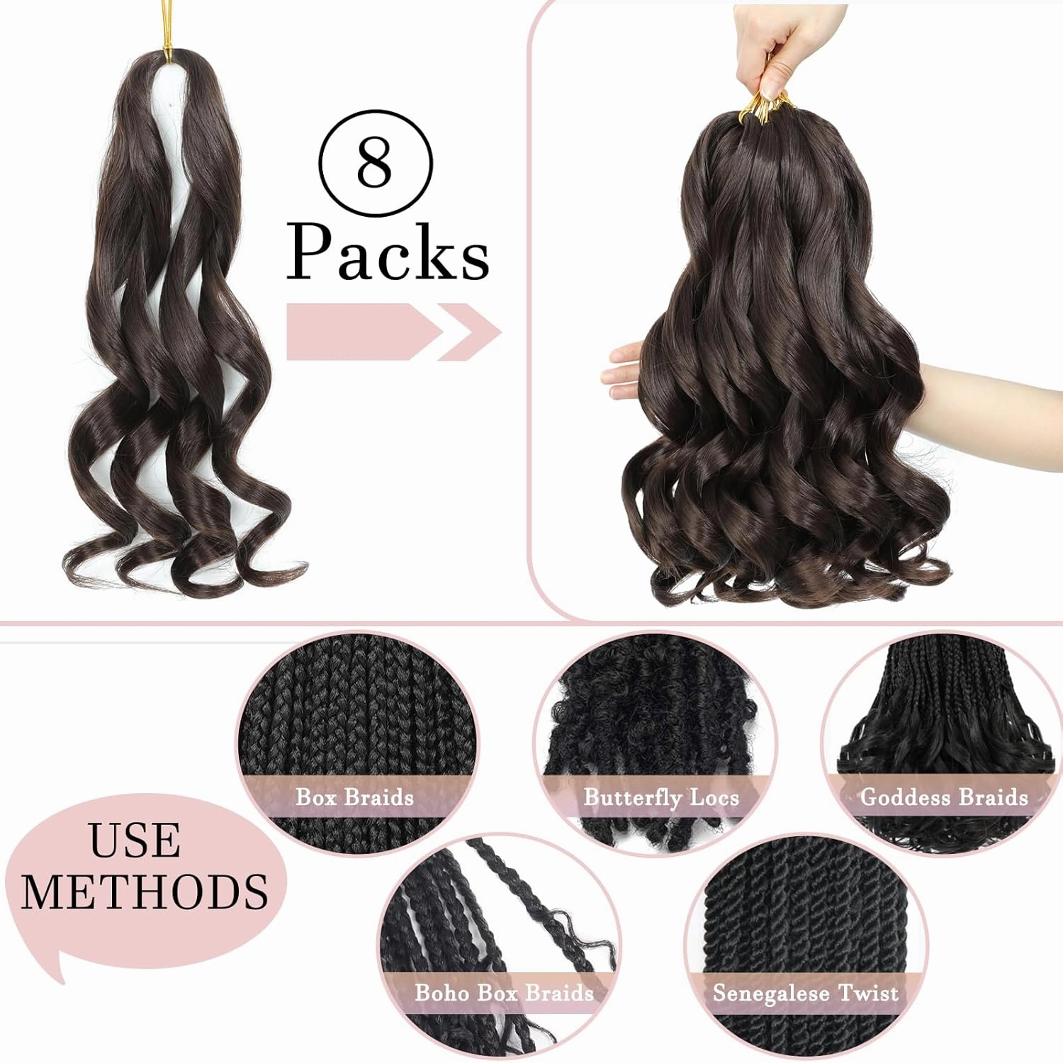 French Curl Braiding Hair 14 Inch Curly Braiding Hair 8 Packs Pre Stretched Bouncy Loose Wave French Curls Crochet Braids for Black Women (4#, 14 inch)