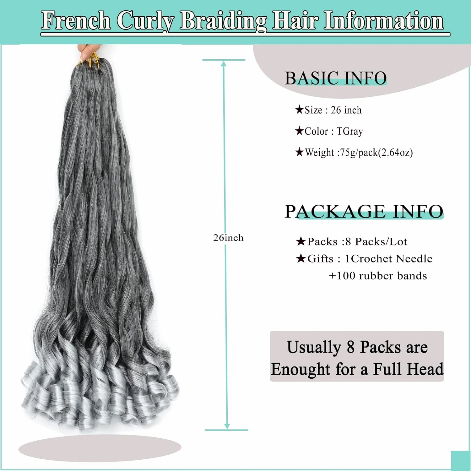 French Curls Braiding Hair 8packs 26inch TGray Pre Stretched Curly Ombre Siliver Braiding Hair for Goddess Box Braids Hair Bounce Curl Loose Wave Crochet Braids for Black Women Extensions