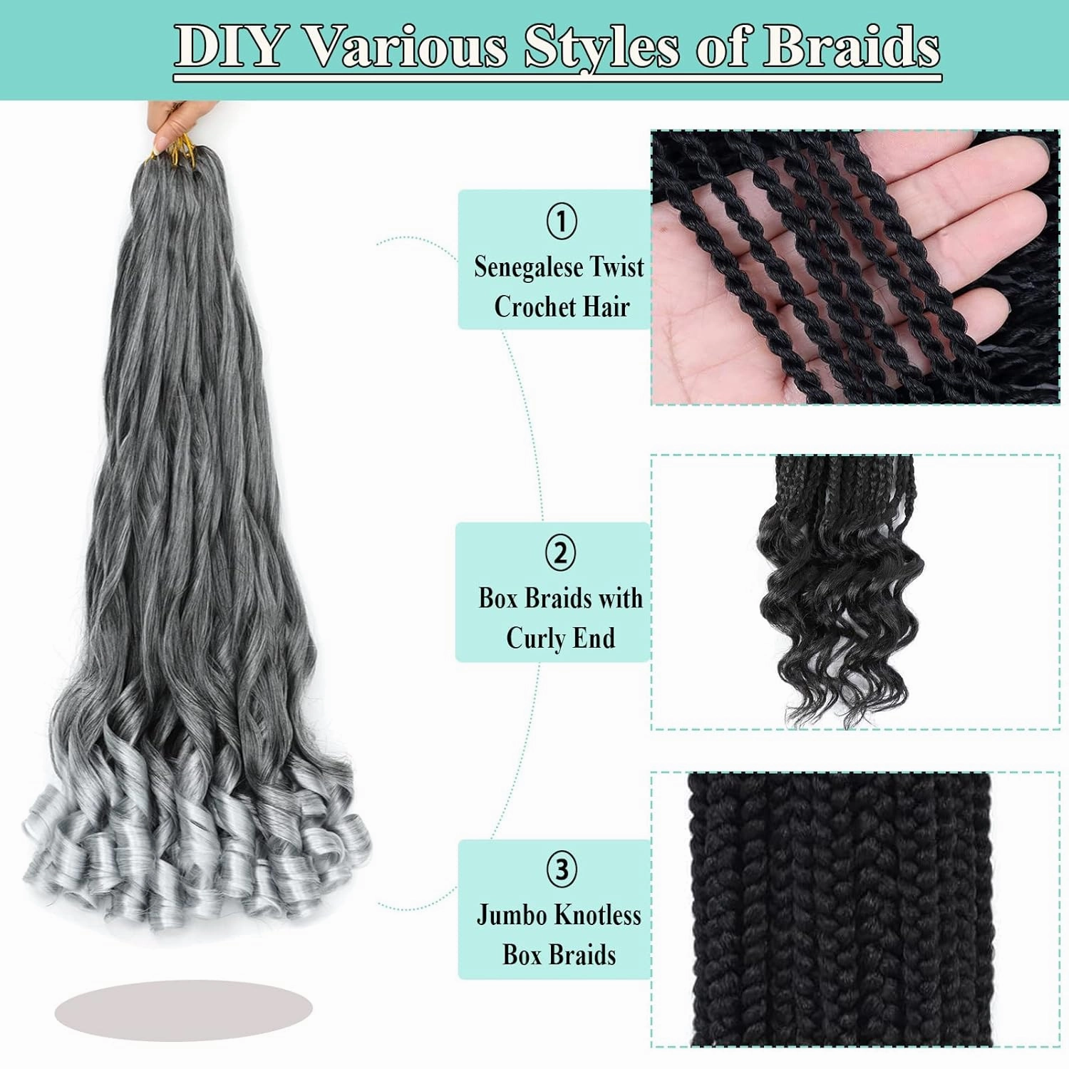 French Curls Braiding Hair 8packs 26inch TGray Pre Stretched Curly Ombre Siliver Braiding Hair for Goddess Box Braids Hair Bounce Curl Loose Wave Crochet Braids for Black Women Extensions