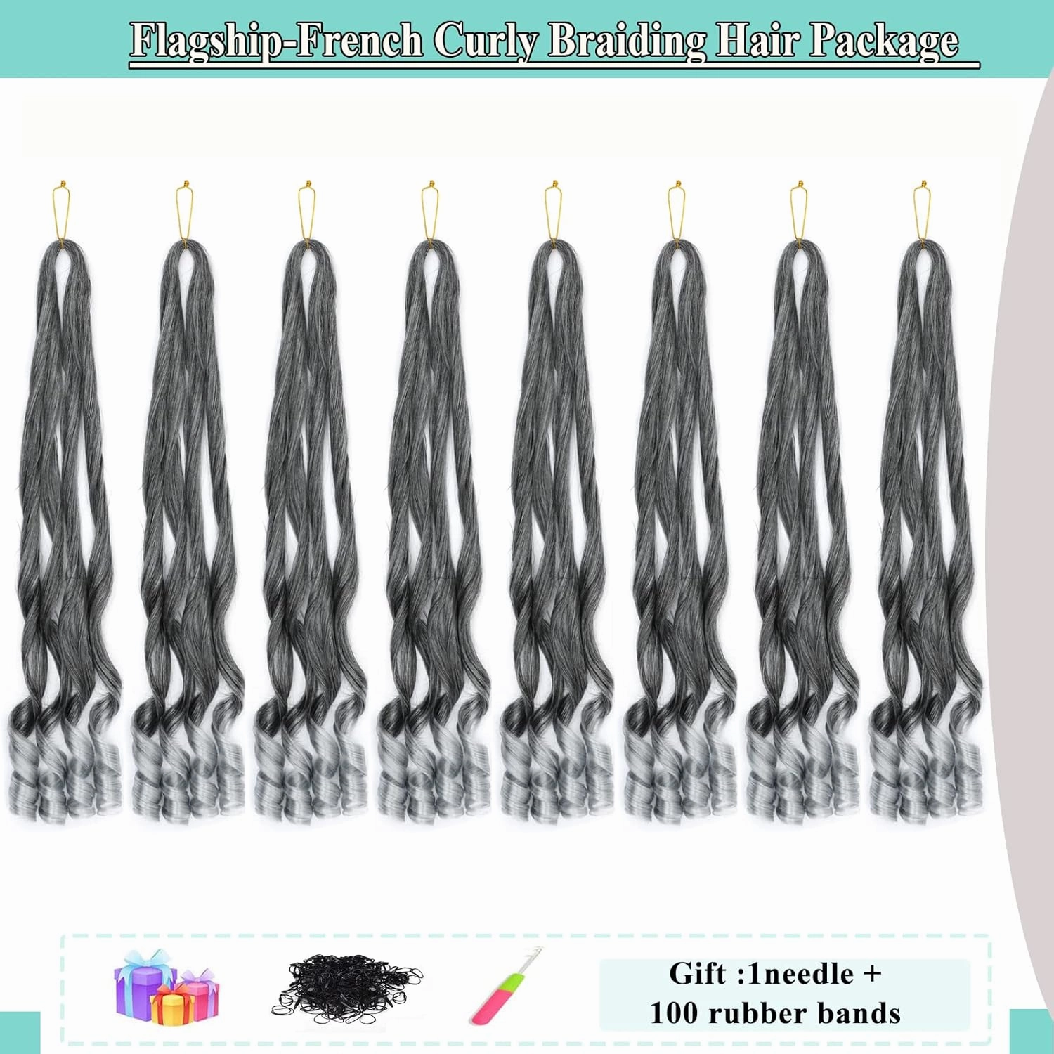 French Curls Braiding Hair 8packs 26inch TGray Pre Stretched Curly Ombre Siliver Braiding Hair for Goddess Box Braids Hair Bounce Curl Loose Wave Crochet Braids for Black Women Extensions