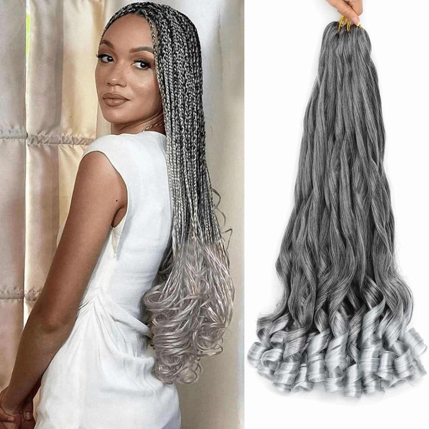 French Curls Braiding Hair 8packs 26inch TGray Pre Stretched Curly Ombre Siliver Braiding Hair for Goddess Box Braids Hair Bounce Curl Loose Wave Crochet Braids for Black Women Extensions