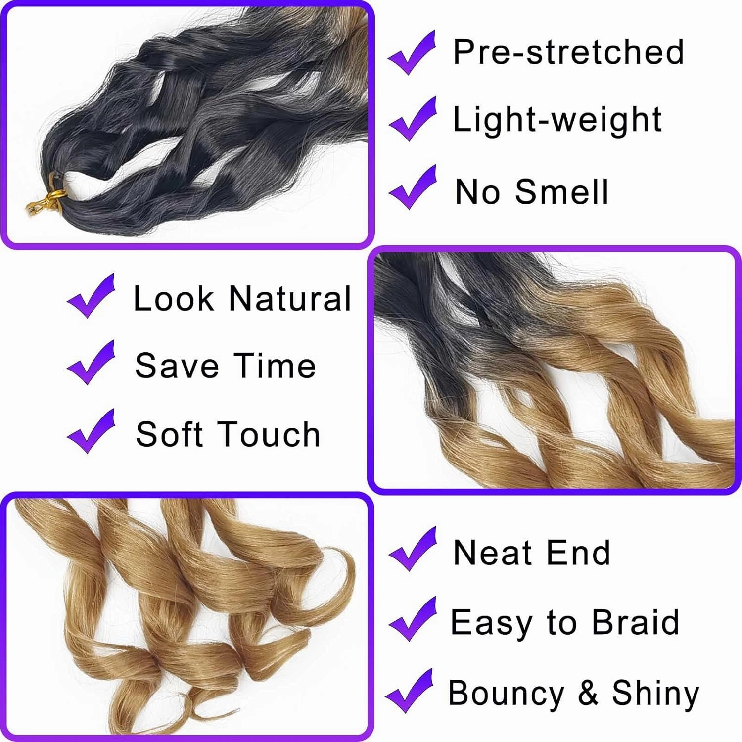 French Curly Braiding Hair 8 Packs Loose Wavy Braiding Hair Pre Stretched Bouncy Synthetic French Curl Braiding Hair Extensions for Women (1B/27#, 24 Inch)