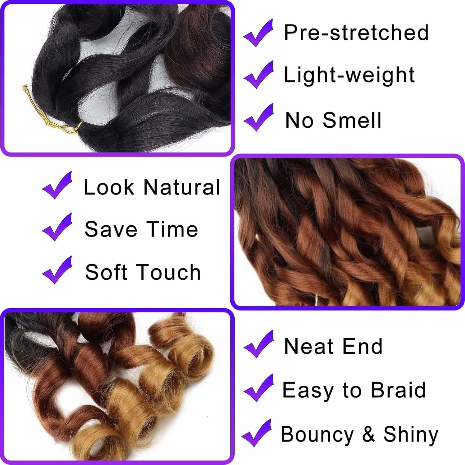 French Curly Braiding Hair 8 Packs Loose Wavy Braiding Hair Pre Stretched Bouncy Synthetic French Curl Braiding Hair Extensions for Women (1B/30/27#, 24 Inch)