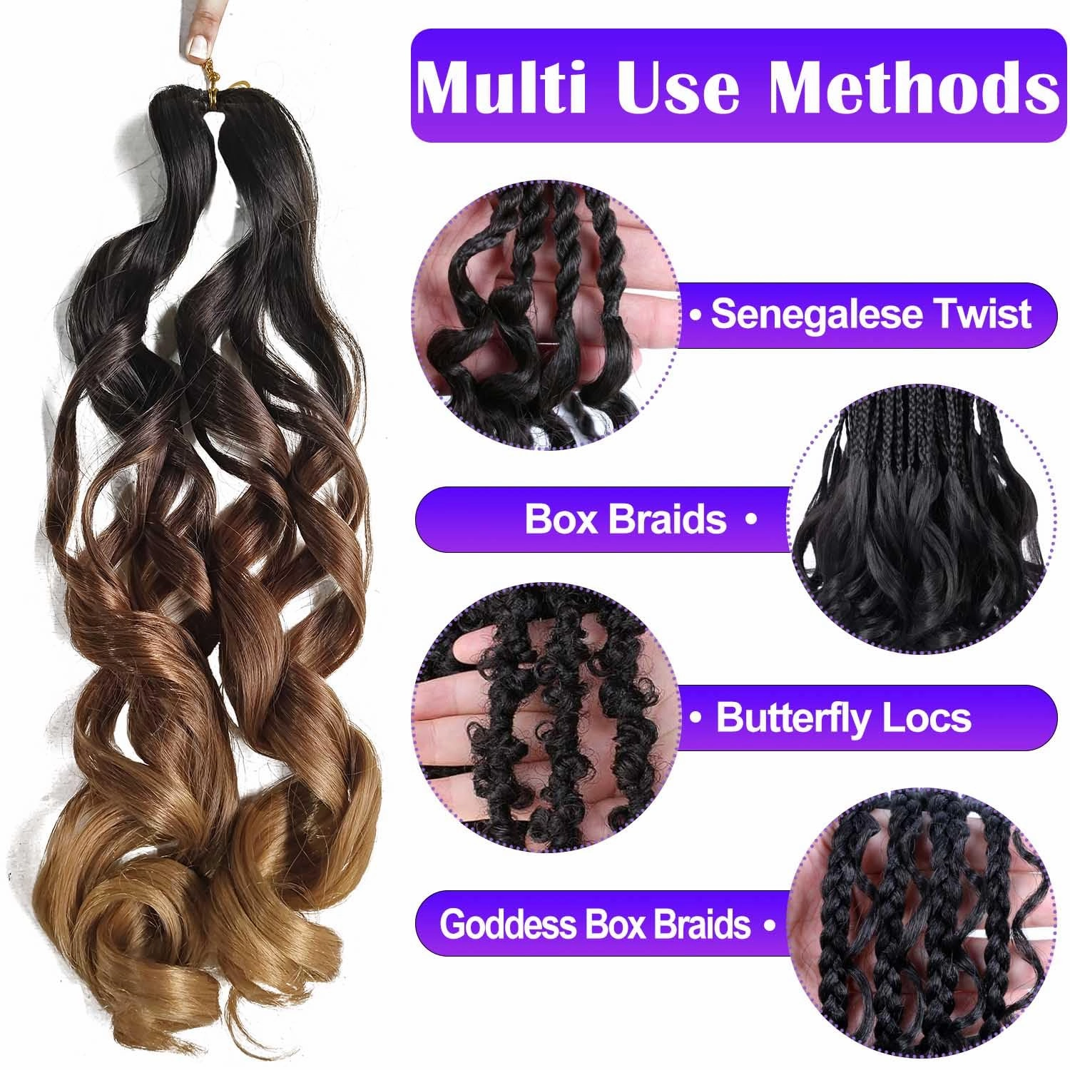 French Curly Braiding Hair 8 Packs Loose Wavy Braiding Hair Pre Stretched Bouncy Synthetic French Curl Braiding Hair Extensions for Women (1B/30/27#, 24 Inch)