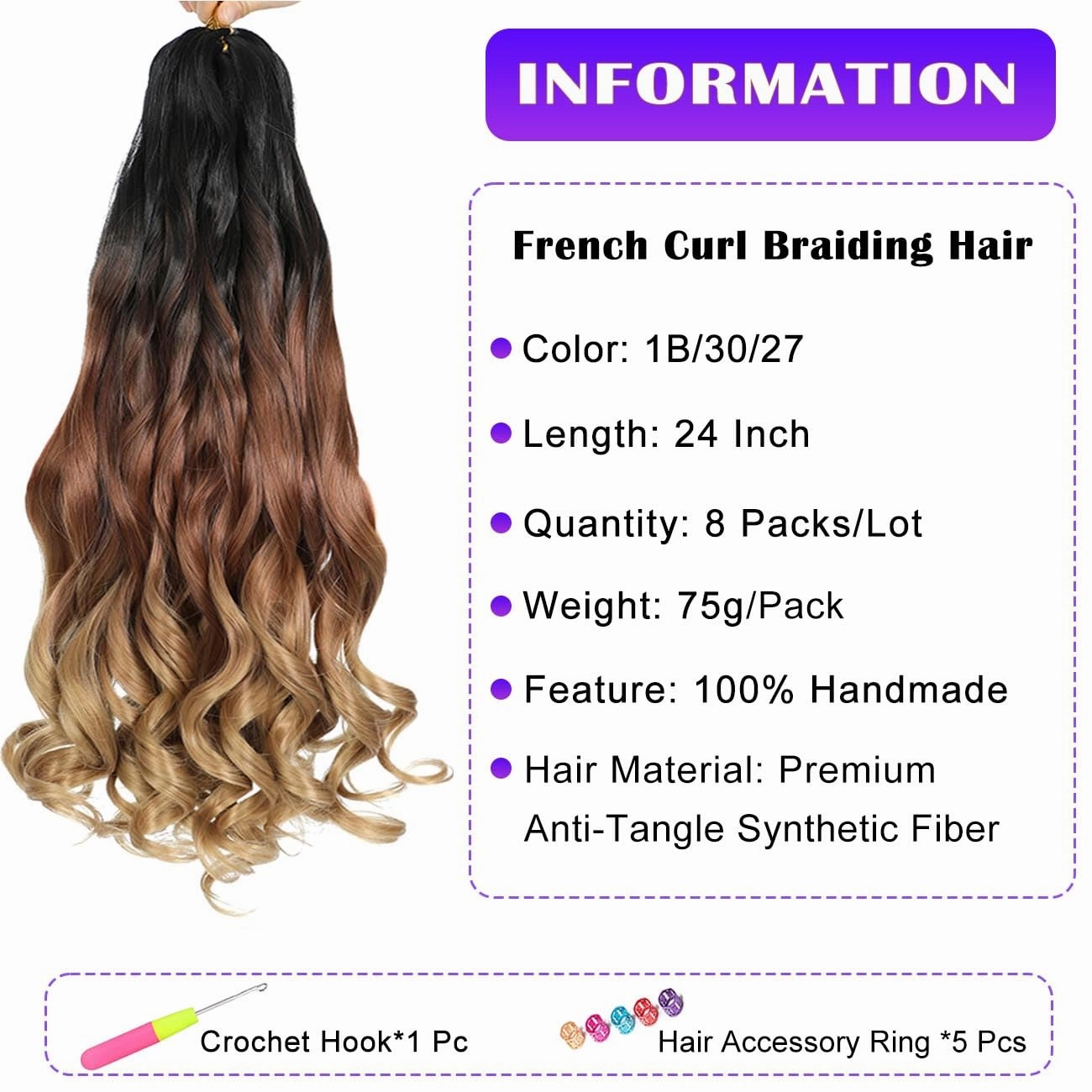 French Curly Braiding Hair 8 Packs Loose Wavy Braiding Hair Pre Stretched Bouncy Synthetic French Curl Braiding Hair Extensions for Women (1B/30/27#, 24 Inch)