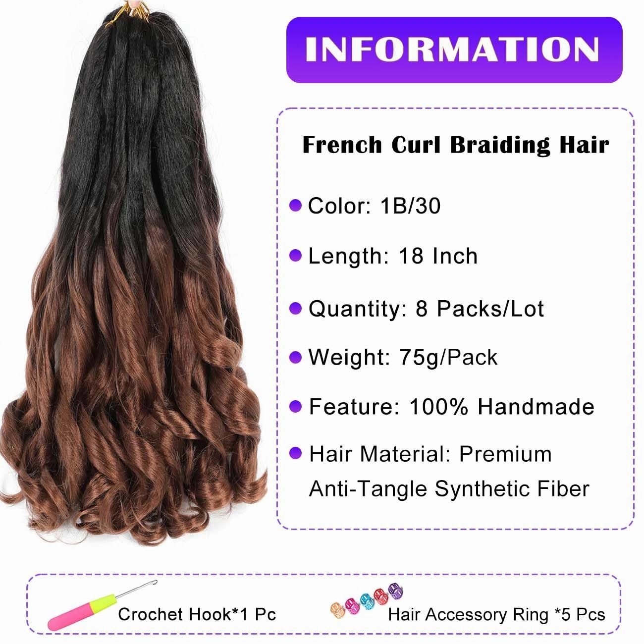 French Curly Braiding Hair 8 Packs Loose Wavy Braiding Hair Pre Stretched Bouncy Synthetic French Curl Braiding Hair Extensions for Women (1B/30#, 18 Inch)