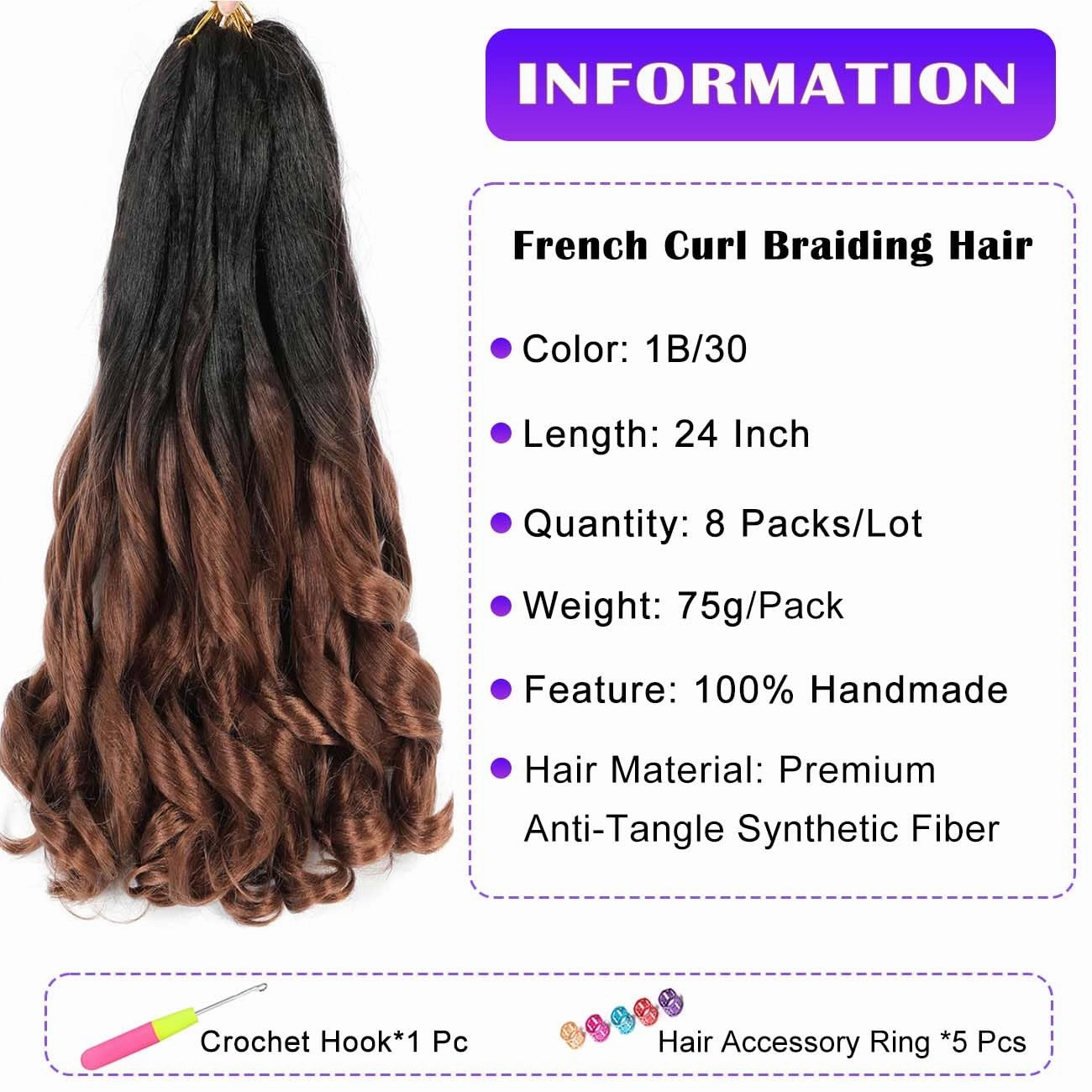French Curly Braiding Hair 8 Packs Loose Wavy Braiding Hair Pre Stretched Bouncy Synthetic French Curl Braiding Hair Extensions for Women (1B/30#, 24 Inch)