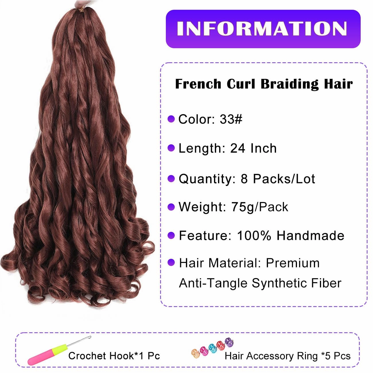 French Curly Braiding Hair 8 Packs Loose Wavy Braiding Hair Pre Stretched Bouncy Synthetic French Curl Braiding Hair Extensions for Women (33#, 24 Inch)