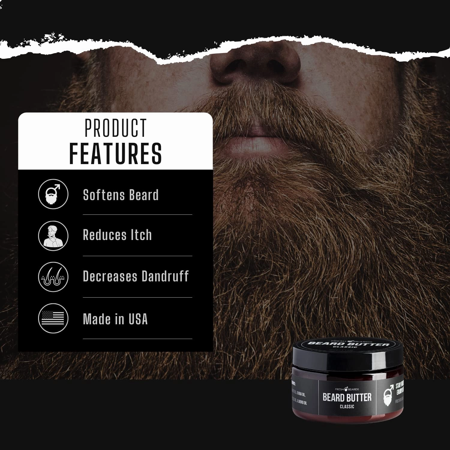 Fresh Beards Classic Beard Butter - Unscented Soothing Beard Butter for Sensitive Skin - Natural Mens Beard and Mustache Conditioner - Soothing Anti-Itch Moisturizer and Softener for Beard Growth