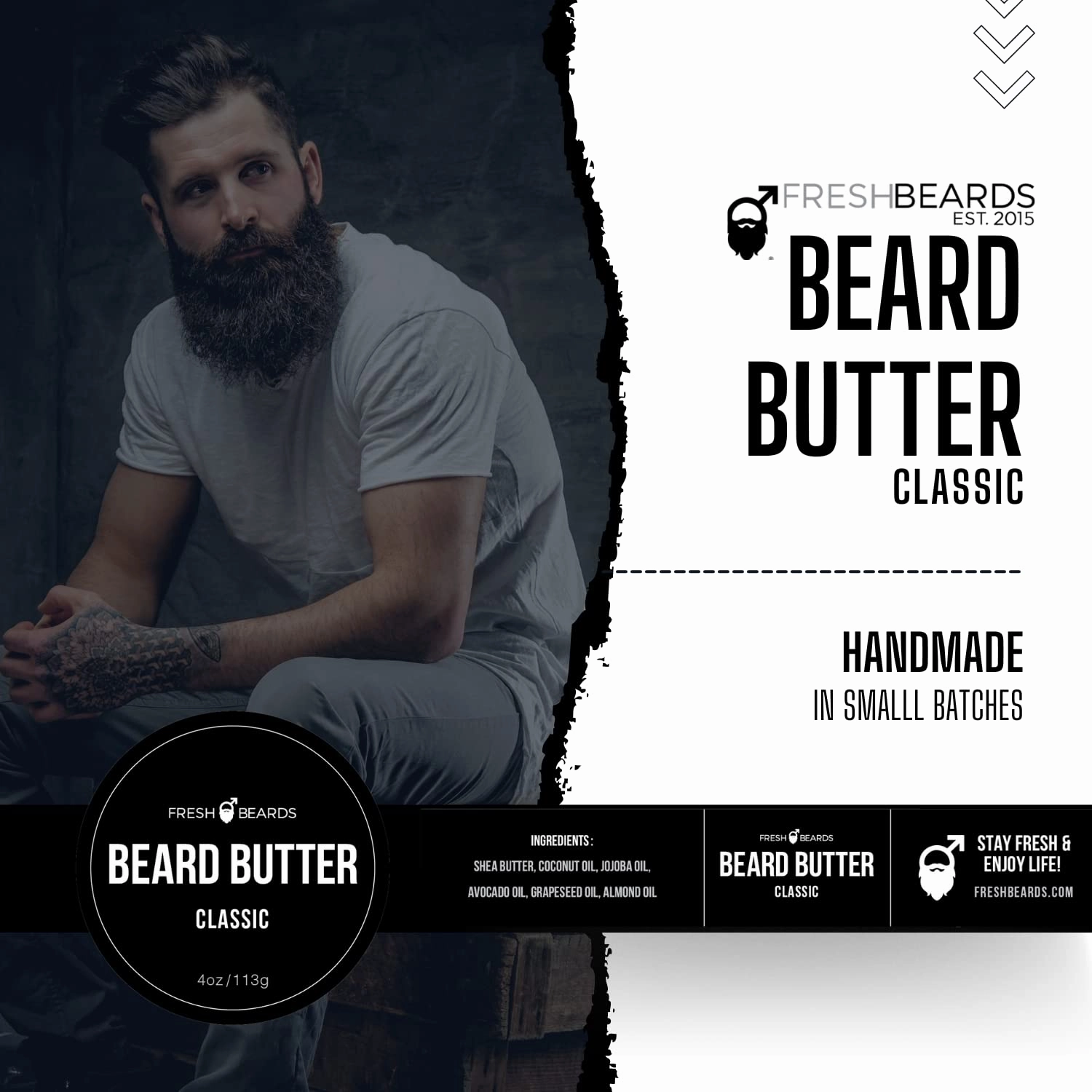 Fresh Beards Classic Beard Butter - Unscented Soothing Beard Butter for Sensitive Skin - Natural Mens Beard and Mustache Conditioner - Soothing Anti-Itch Moisturizer and Softener for Beard Growth