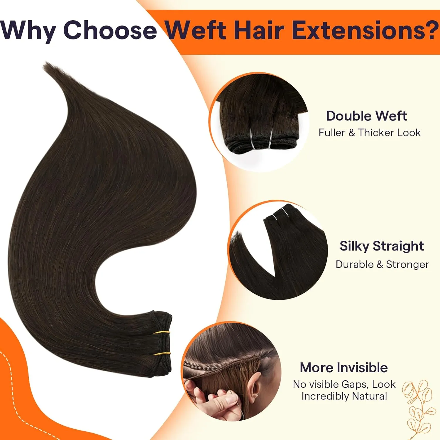 Full Shine Sew In Hair Extensions Real Human Hair 22 Inch Weft Extensions Real Remy Hair Color #2 Dark Brown Double Weft Full Head Set Straight Hair Weaves 105 Grams Hair Weft Bundles Straight Hair