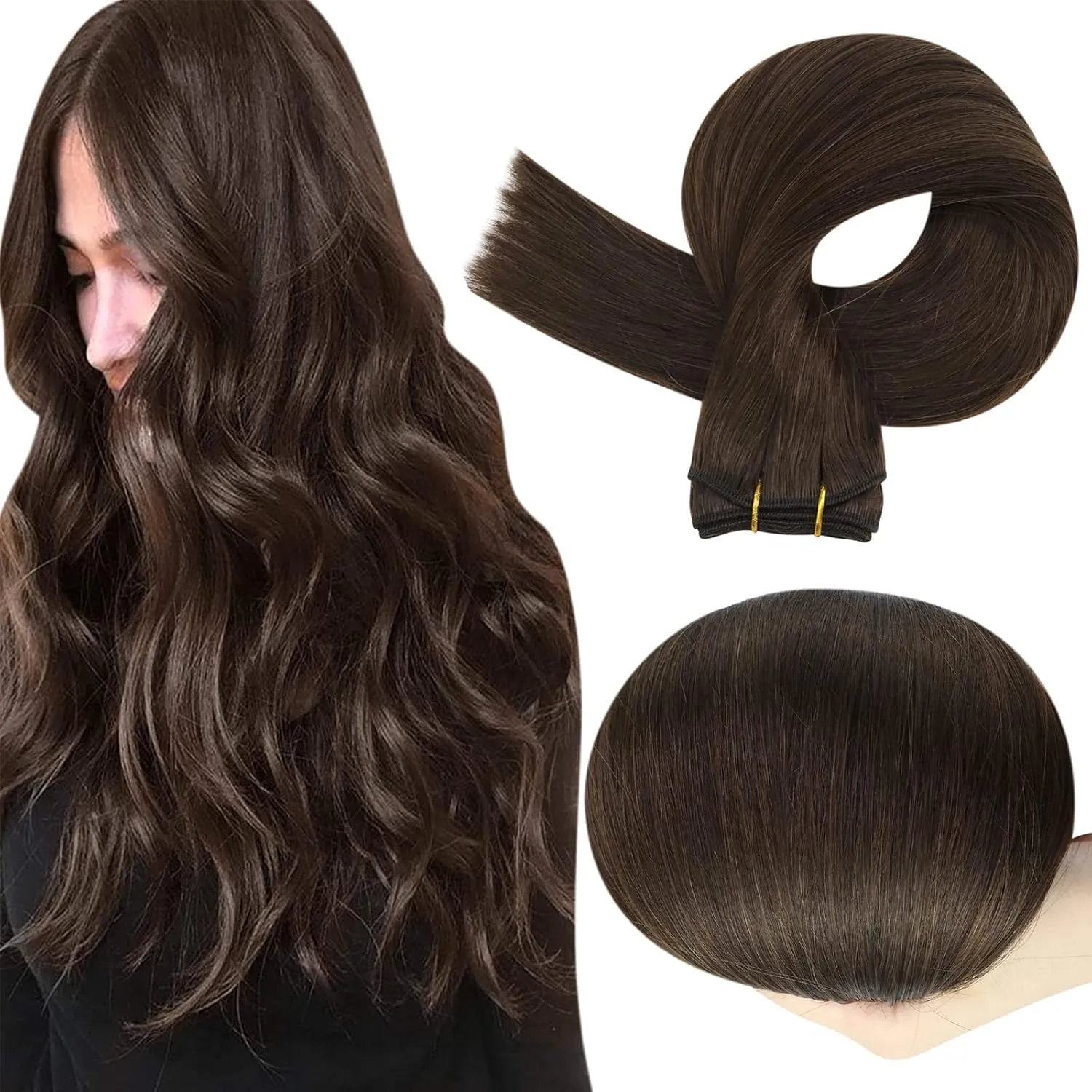 Full Shine Sew In Hair Extensions Real Human Hair 22 Inch Weft Extensions Real Remy Hair Color #2 Dark Brown Double Weft Full Head Set Straight Hair Weaves 105 Grams Hair Weft Bundles Straight Hair