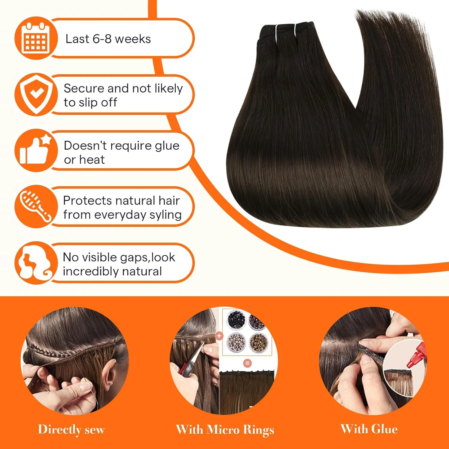 Full Shine Sew In Hair Extensions Real Human Hair 22 Inch Weft Extensions Real Remy Hair Color #2 Dark Brown Double Weft Full Head Set Straight Hair Weaves 105 Grams Hair Weft Bundles Straight Hair