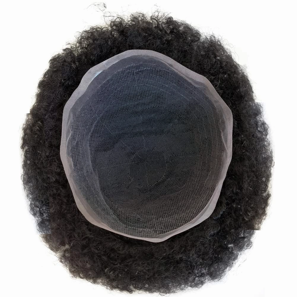 Full Swiss Lace Base Men Toupee with Human Hair Piece System 8"×10" Natural Black 1B# Curly 10mm