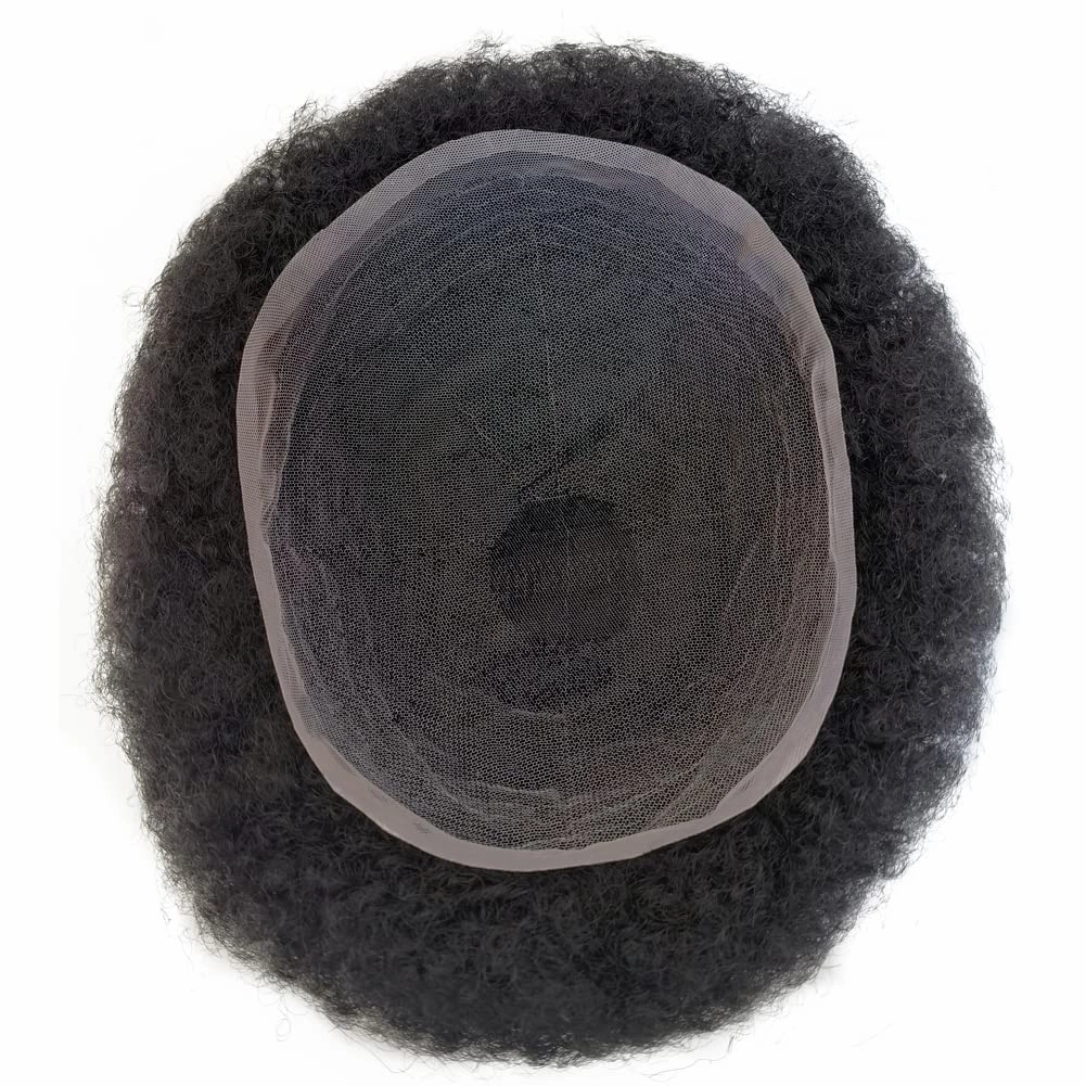 Full Swiss Lace Base Men Toupee with Human Hair Piece System 8"×10" Natural Black 1B# Curly 6mm