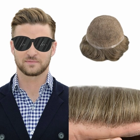 Full Swiss Lace Toupee for Men Human Hair Pieces Mens Toupee Hairpiece Replacement System Natural Looking Mens Lace Hair System #1720 17# DARK ASH BLONDE 20% GREY 8x10 80% light density