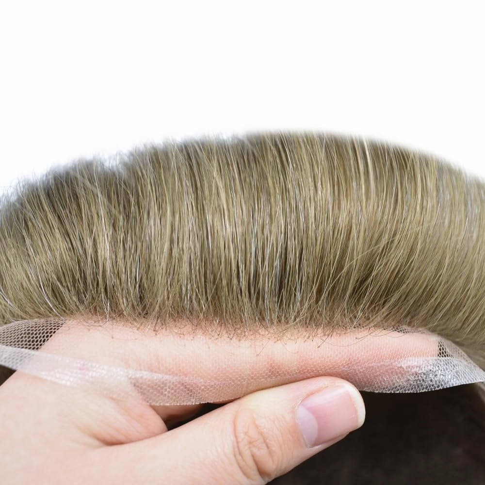 Full Swiss Lace Toupee for Men Human Hair Pieces Mens Toupee Hairpiece Replacement System Natural Looking Mens Lace Hair System #1810 18# MEDIUM BLONDE 10% GREY 7x9 80% light density