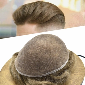 Full Swiss Lace Toupee for Men Human Hair Pieces Mens Toupee Hairpiece Replacement System Natural Looking Mens Lace Hair System #1810 18# MEDIUM BLONDE 10% GREY 7x9 80% light density