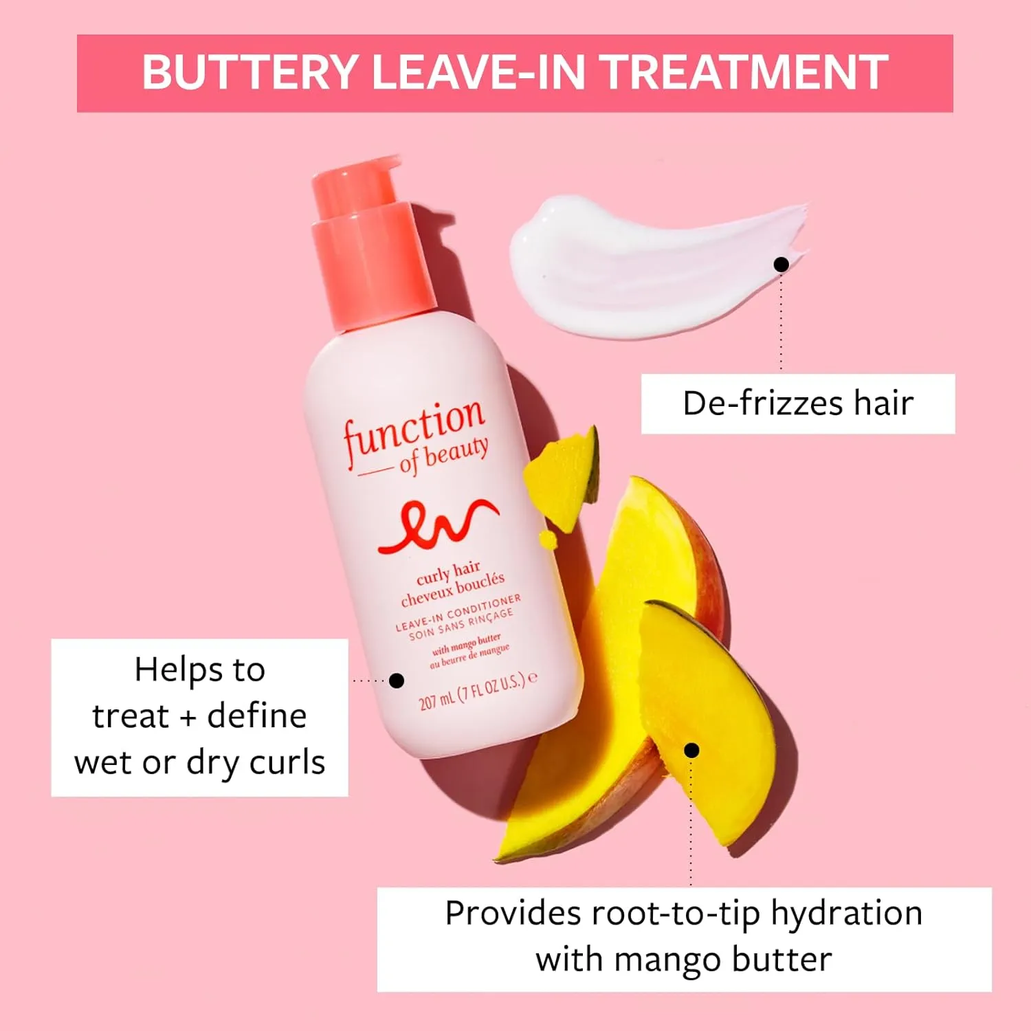 FUNCTION OF BEAUTY Leave In Conditioner for Curly Hair, 7 oz Each (2-Pack) - Sulfate Free Conditioner with Mango Butter Hydrates, De-Frizzes and Defines Curls