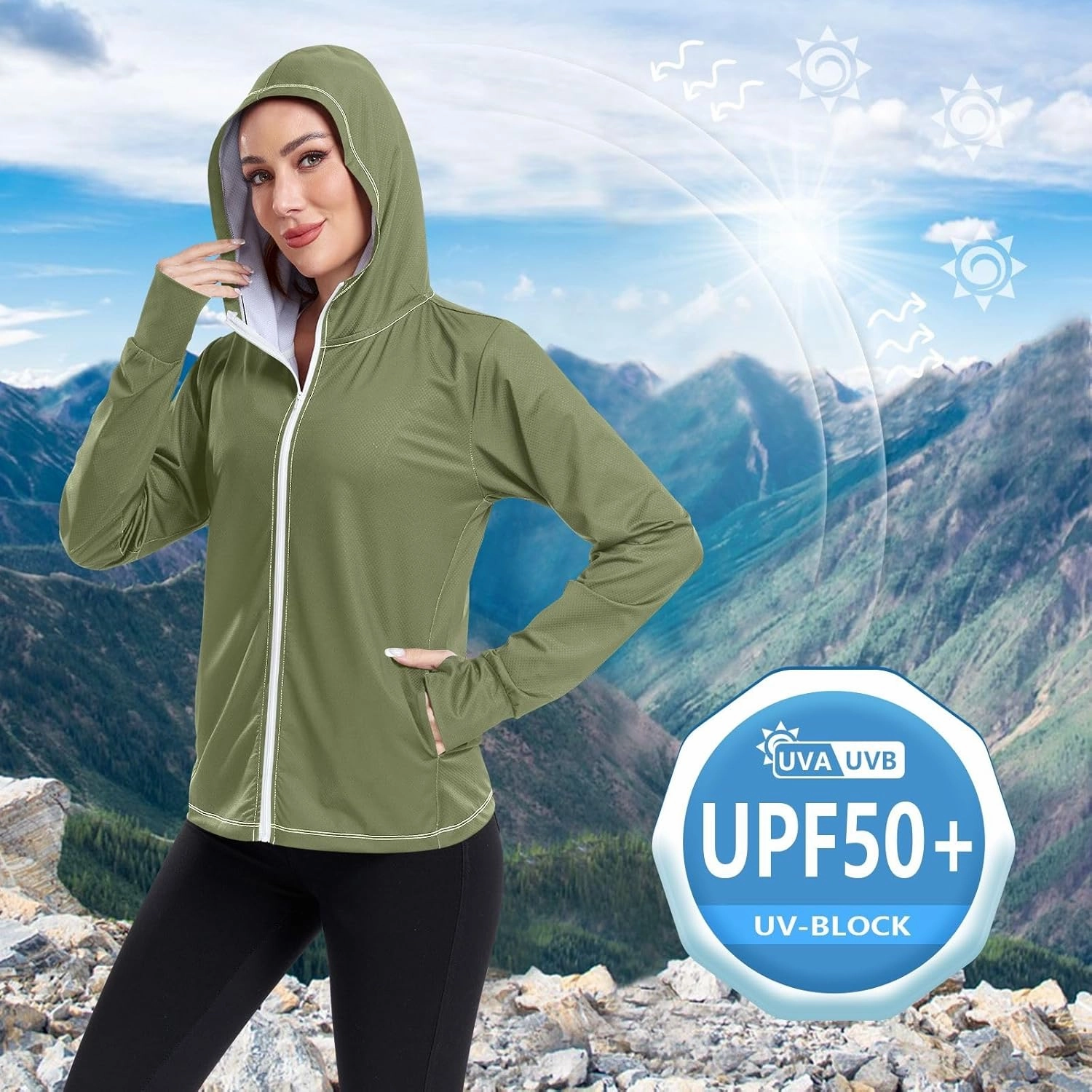 GAIGEO Peach Gradient Women Jacket UPF 50  Women Uv Protection Clothing, Hooded Design Thumb Holes, S