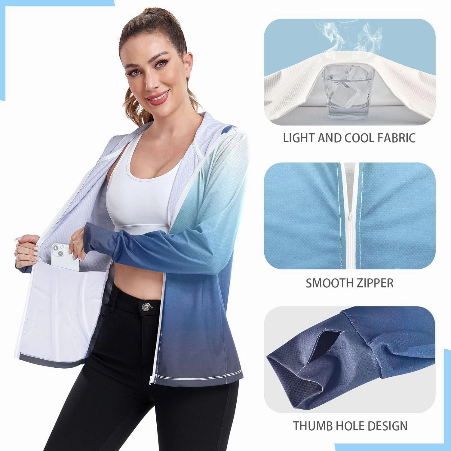 GAIGEO Peach Gradient Women Jacket UPF 50  Women Uv Protection Clothing, Hooded Design Thumb Holes, S
