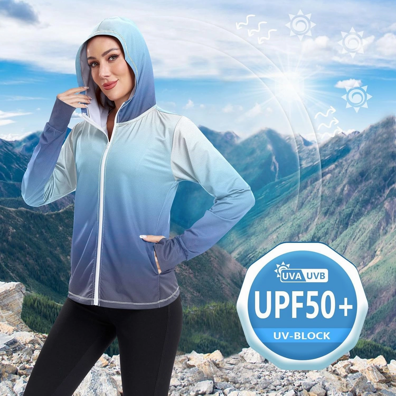 GAIGEO Peach Gradient Women Jacket UPF 50  Women Uv Protection Clothing, Hooded Design Thumb Holes, S