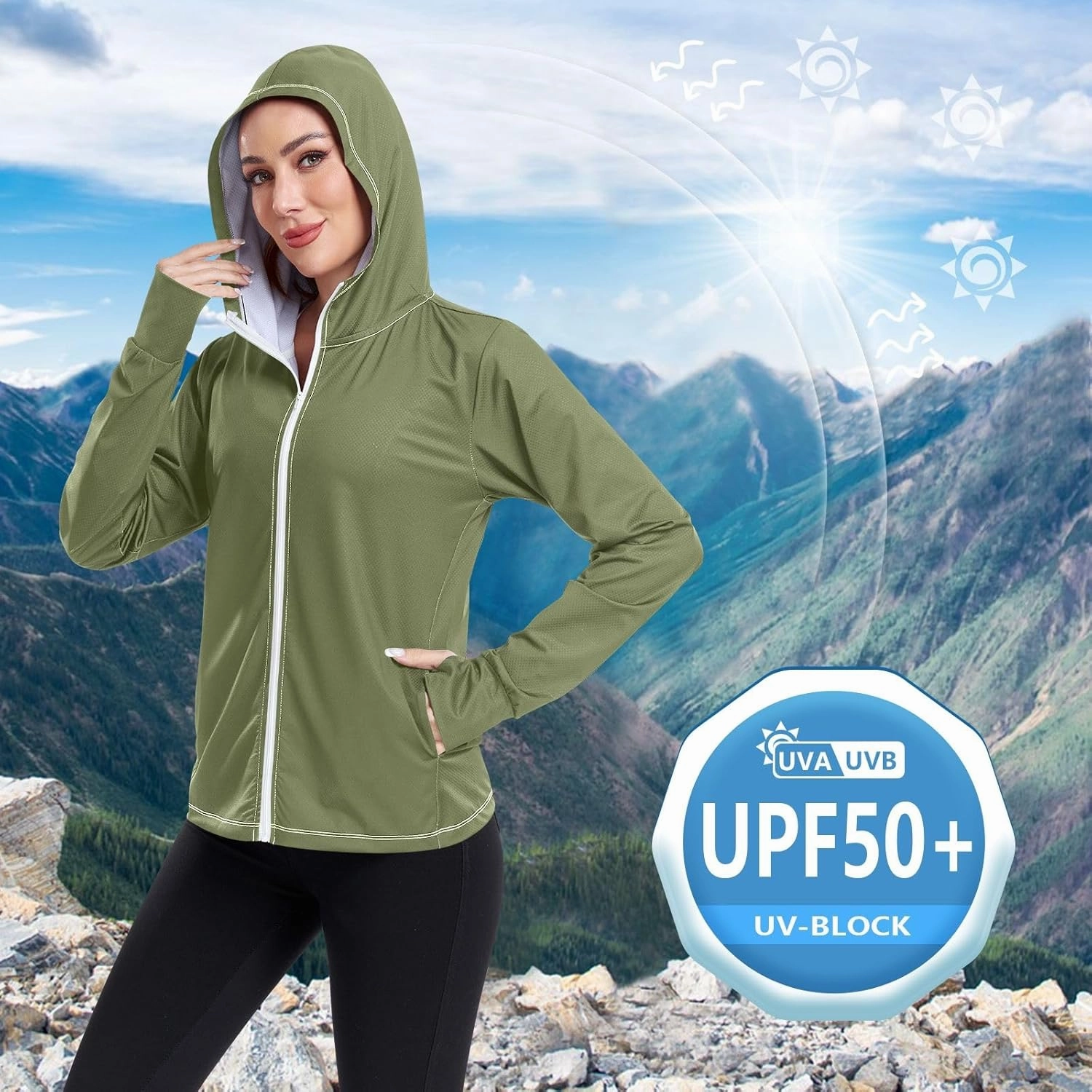 GAIGEO Peach Gradient Women Jacket UPF 50  Women Uv Protection Clothing, Hooded Design Thumb Holes, S