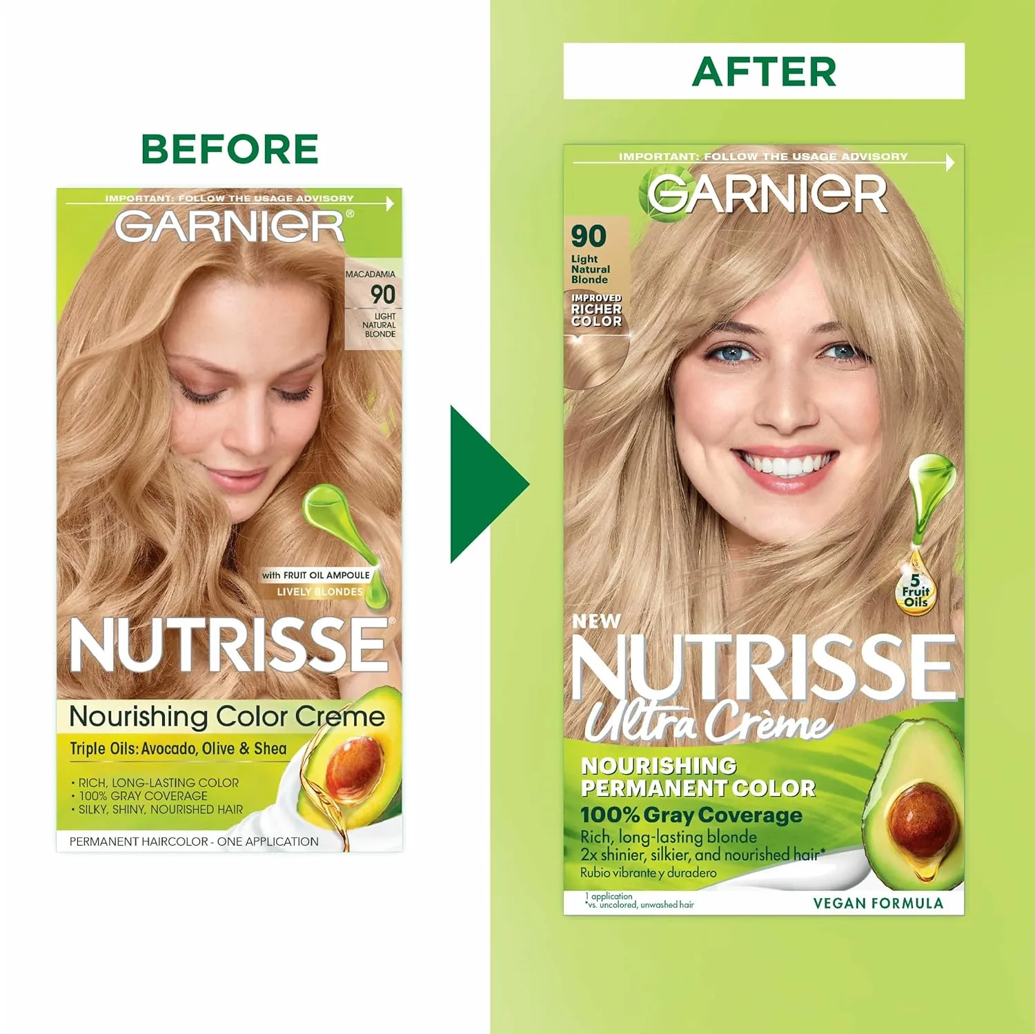 Garnier Hair Color Nutrisse Nourishing Creme, 90 Light Natural Blonde (Macadamia) Permanent Hair Dye, 2 Count (Packaging May Vary)