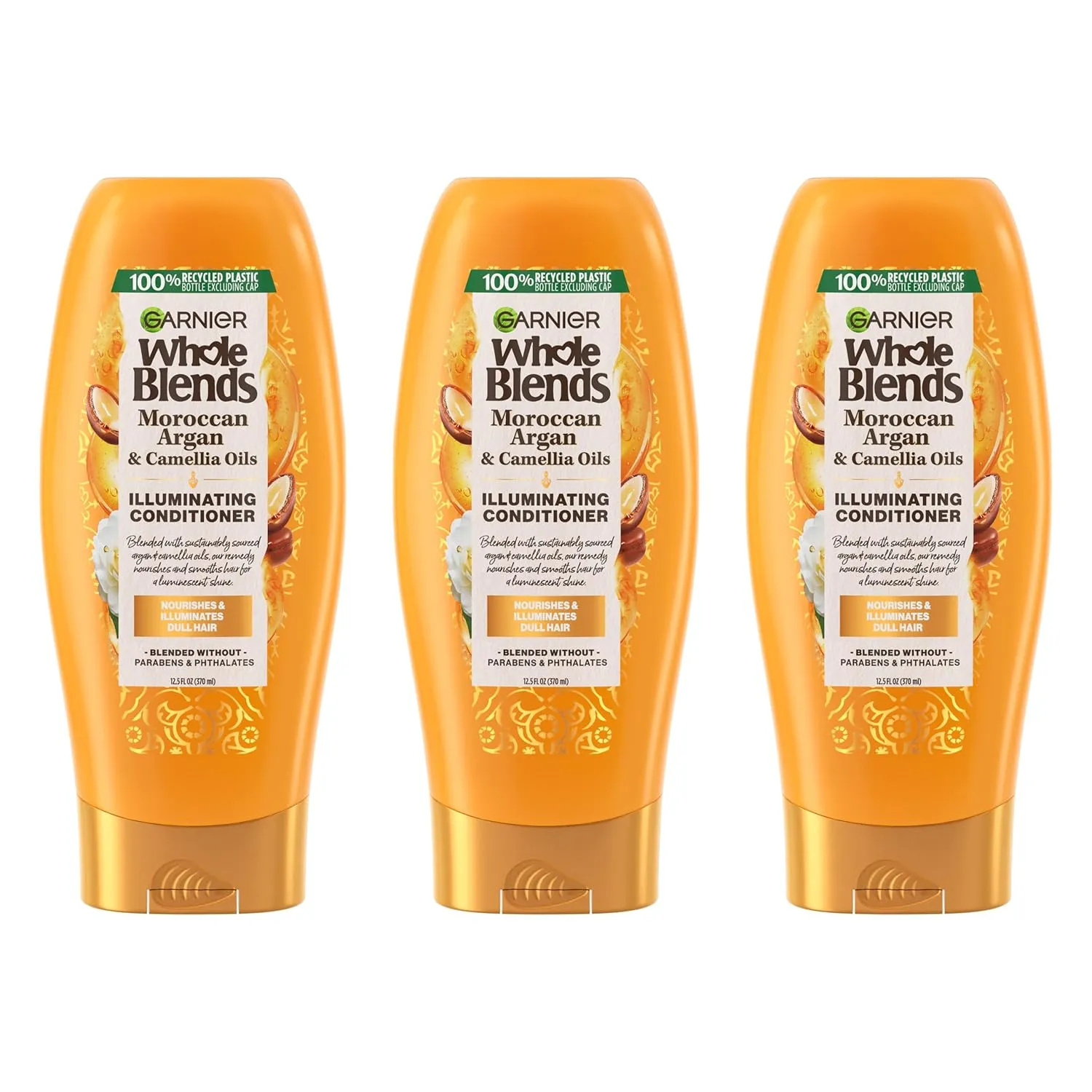Garnier Whole Blends Moroccan Argan & Camellia Oils Illuminating Conditioner for Silky Shine, 12.5 Fl Oz, 3 Count (Packaging May Vary)