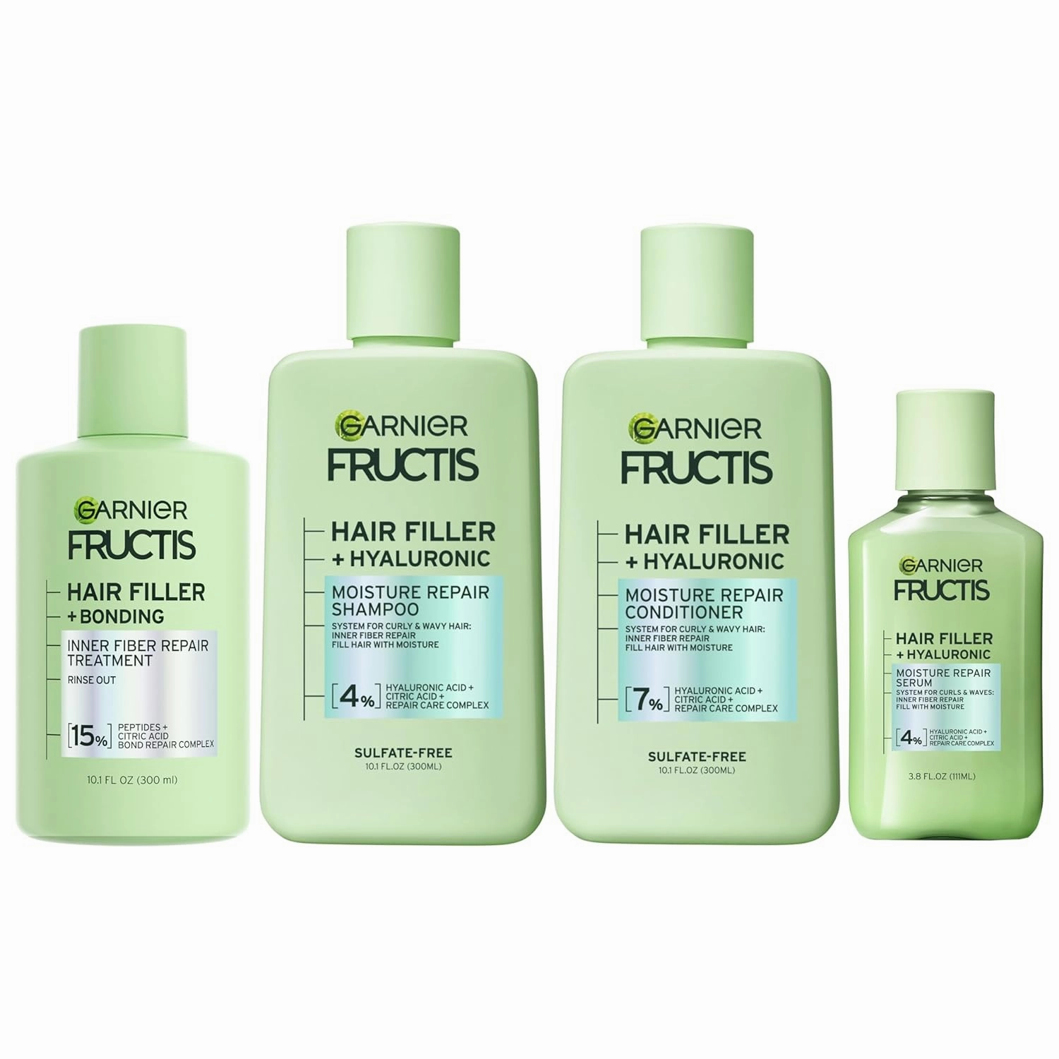 Garnier Fructis Hair Filler Bonding Pre-Shampoo Hair Treatment   Moisture Repair Shampoo, Conditioner and Serum Set with Hyaluronic Acid for Curly, Wavy Hair, 4 Items, 1 Kit