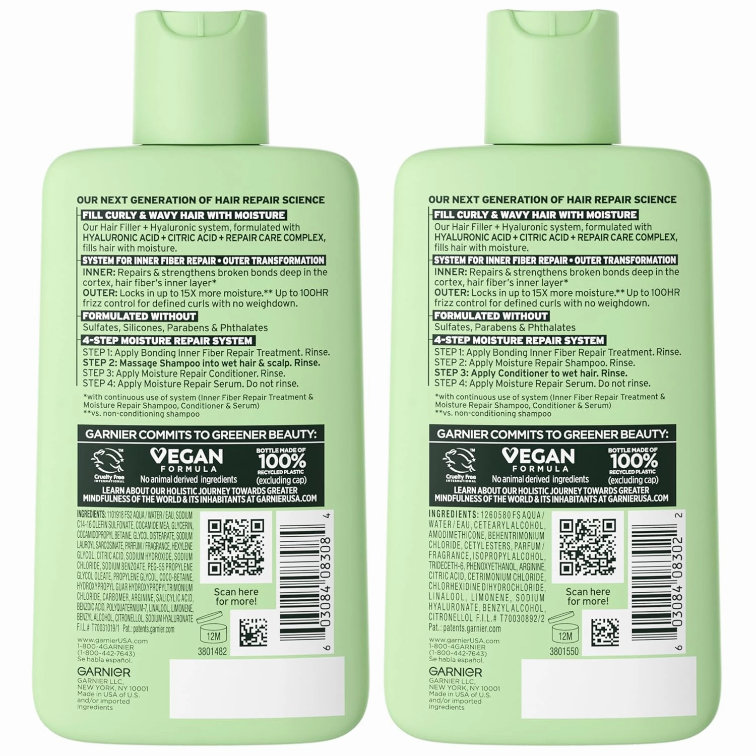 Garnier Fructis Hair Filler Moisture Repair Shampoo and Conditioner Set, Hair Care for Curly, Wavy Hair with Hyaluronic Acid, 10.1 Fl Oz, 2 Items, 1 Kit