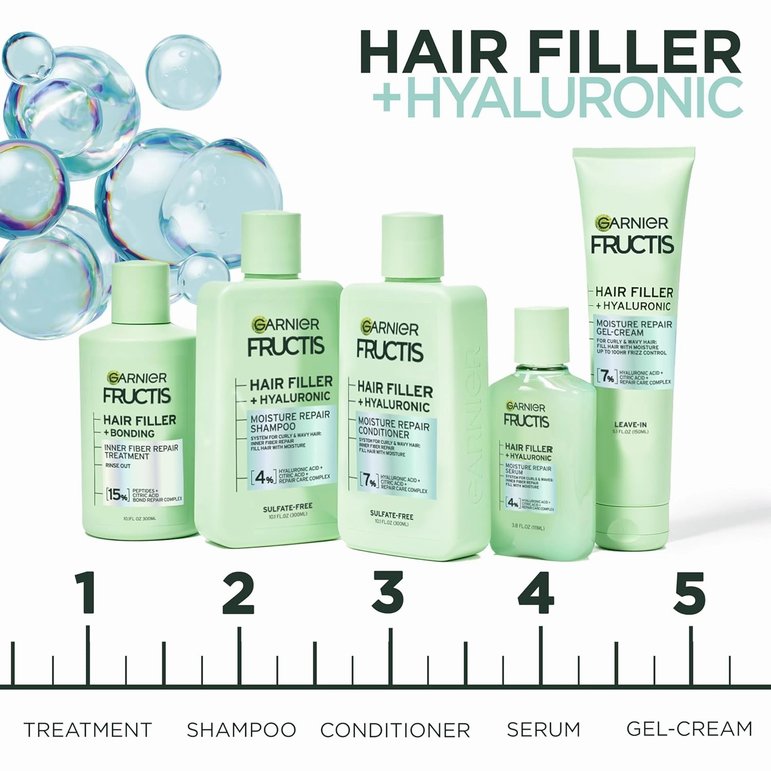 Garnier Fructis Hair Filler Moisture Repair Shampoo and Conditioner Set, Hair Care for Curly, Wavy Hair with Hyaluronic Acid, 10.1 Fl Oz, 2 Items, 1 Kit