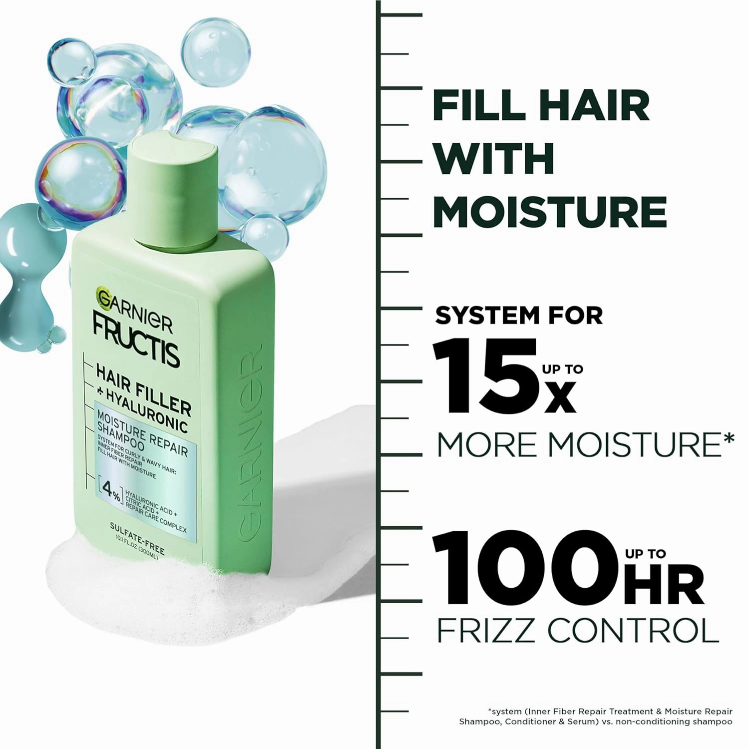 Garnier Fructis Hair Filler Moisture Repair Shampoo and Conditioner Set, Hair Care for Curly, Wavy Hair with Hyaluronic Acid, 10.1 Fl Oz, 2 Items, 1 Kit