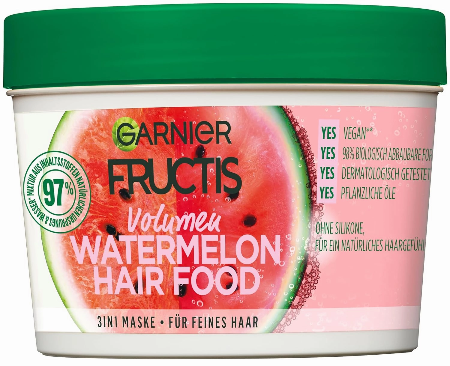 Garnier Hair Mask, Watermelon Hairfood, Moisturising 3-in-1 Mask, Gently Detangles Fine Hair and Gives Unrivalled Shine, Fructis, 390 ml