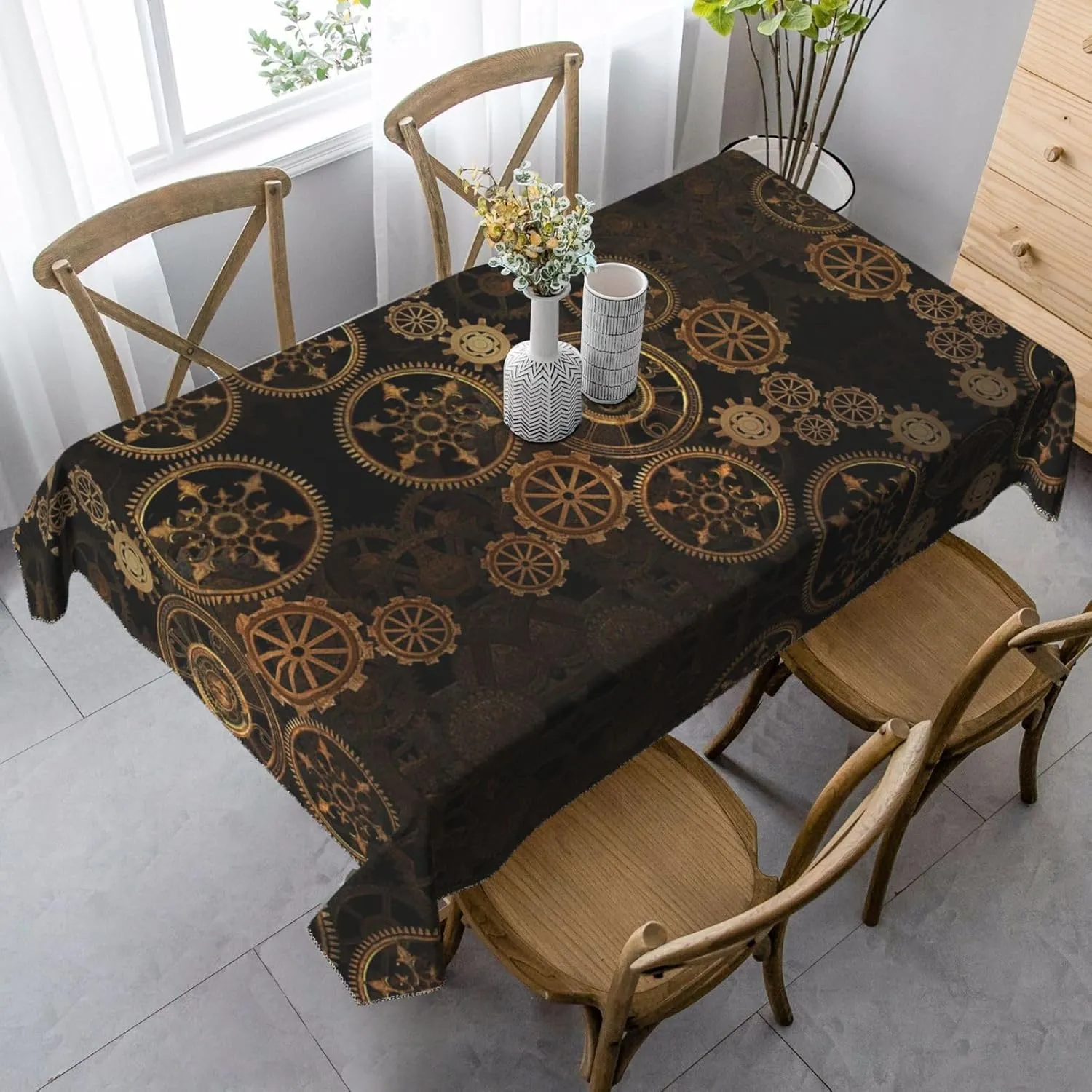 Gears Clock Bronze Century Print Rectangular Tablecloth, Ideal for Dining, Weddings, Parties & Outdoor Use