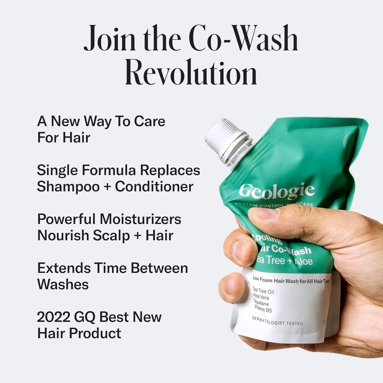 Geologie Cooling Hair Co-Wash | 4-in-1 Hair Cleanser, Conditioner, Mask & Serum | Tea Tree Oil, Aloe Vera, Squalane & Vitamin B5 Formula For Men & Women | Eco-Friendly Pouch 84% Less Plastic