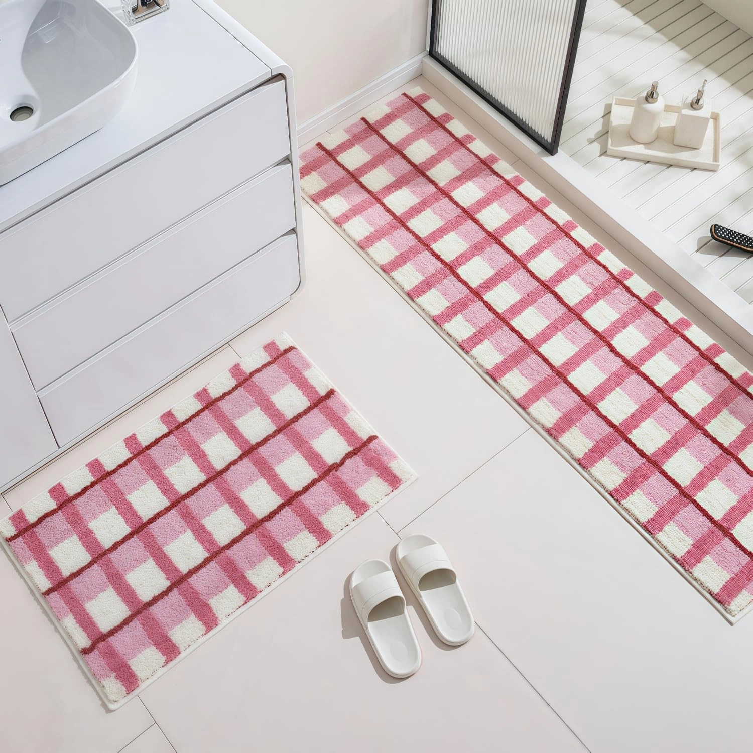 GIB Pink Plaid Grid Bathroom Rug with Burgundy Stripes 24" x 16", Extra Soft Absorbent Non-Slip Washable Plush Fluffy Shaggy Microfiber Bath Mat, Aesthetic Runner Rug for Bedroom