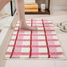 GIB Pink Plaid Grid Bathroom Rug with Burgundy Stripes 24" x 16", Extra Soft Absorbent Non-Slip Washable Plush Fluffy Shaggy Microfiber Bath Mat, Aesthetic Runner Rug for Bedroom