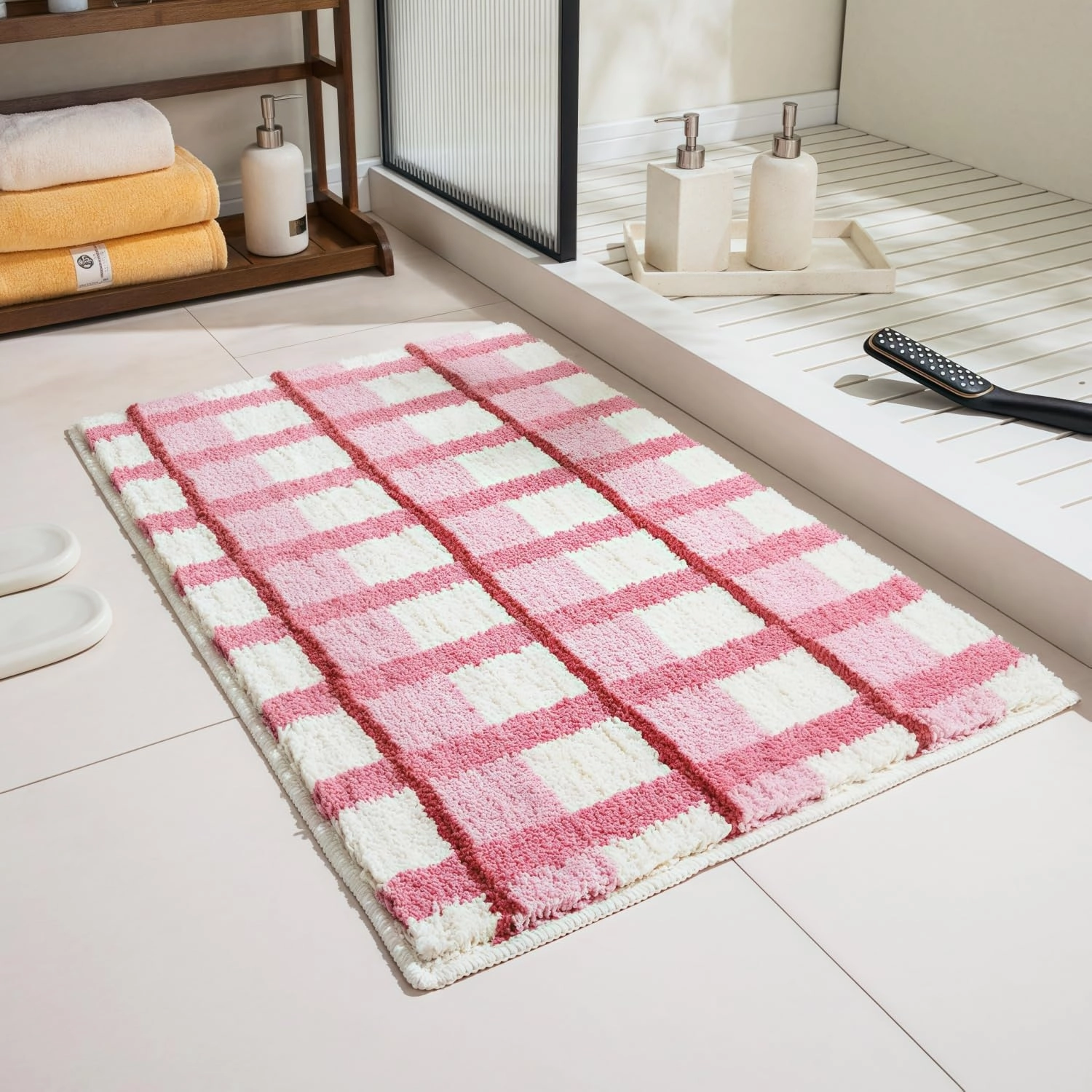 GIB Pink Plaid Grid Bathroom Rug with Burgundy Stripes 24" x 16", Extra Soft Absorbent Non-Slip Washable Plush Fluffy Shaggy Microfiber Bath Mat, Aesthetic Runner Rug for Bedroom