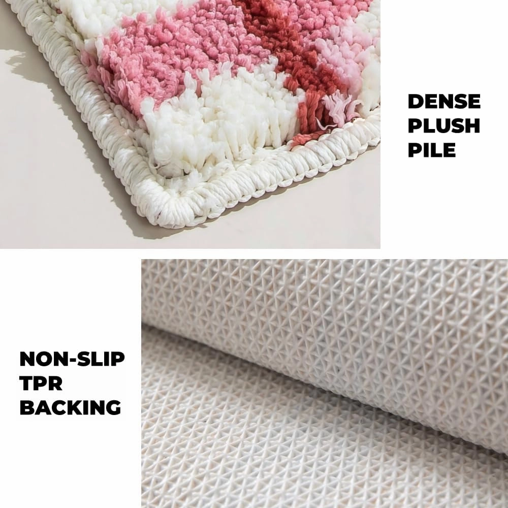 GIB Pink Plaid Grid Bathroom Rug with Burgundy Stripes 24" x 16", Extra Soft Absorbent Non-Slip Washable Plush Fluffy Shaggy Microfiber Bath Mat, Aesthetic Runner Rug for Bedroom