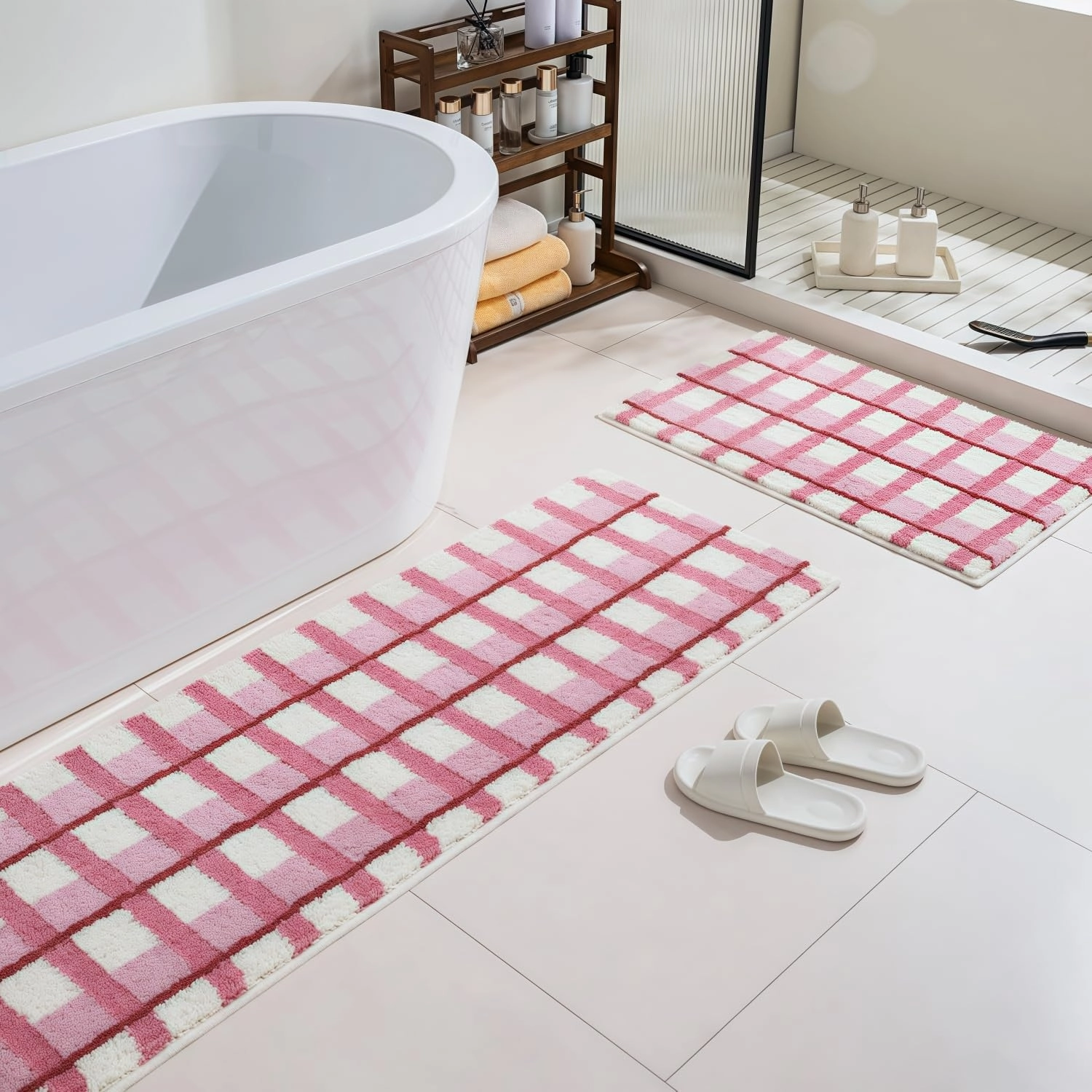 GIB Pink Plaid Grid Bathroom Rug with Burgundy Stripes 24" x 16", Extra Soft Absorbent Non-Slip Washable Plush Fluffy Shaggy Microfiber Bath Mat, Aesthetic Runner Rug for Bedroom