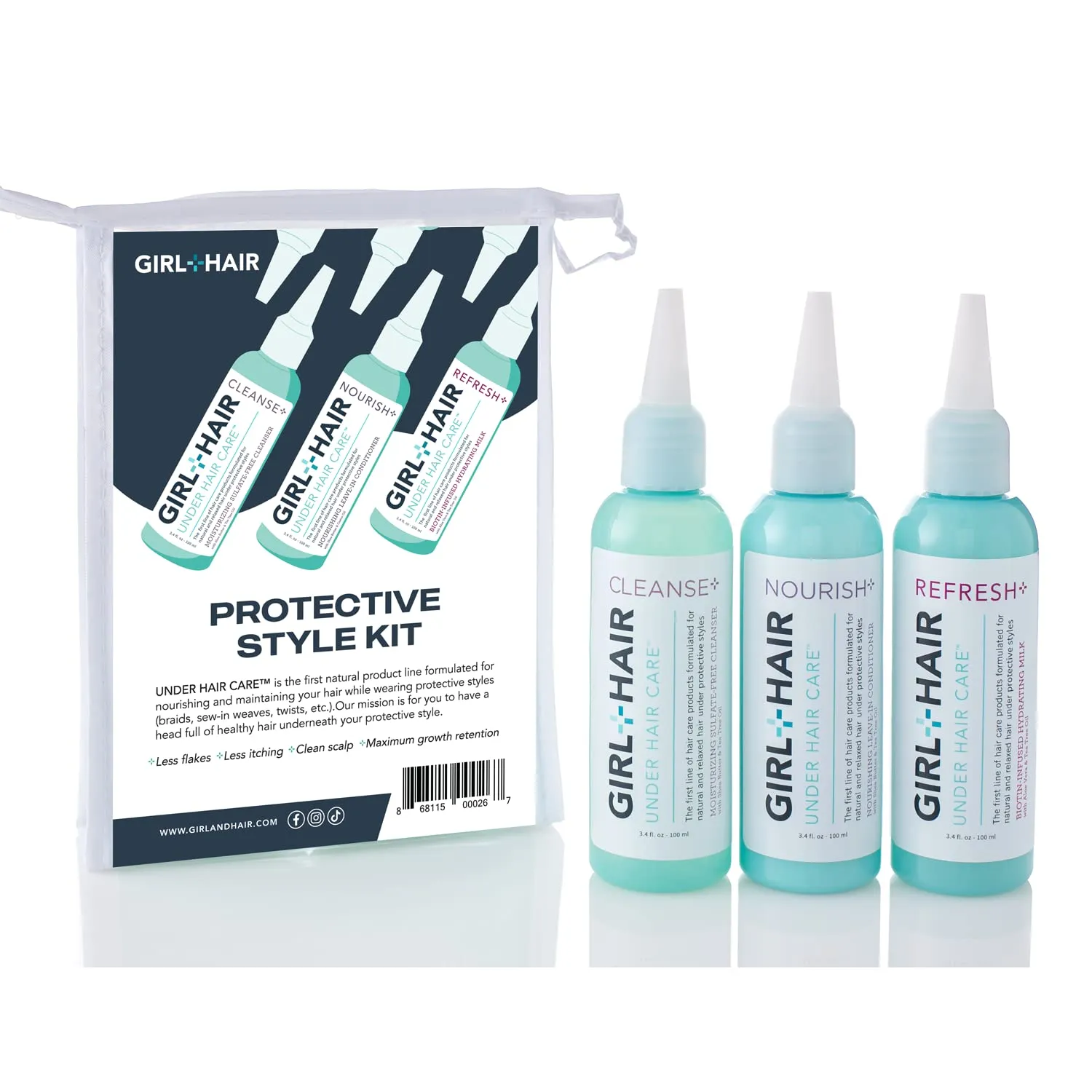GIRL HAIR Ultimate Travel Hair Care Set (3 x 3.4 fl.oz) | Encourage Hair Strength & Growth with Cleanse  Shampoo, Nourish  Leave-In Conditioner, & Refresh  Hydrating Hair Milk | TSA-Compliant Kit
